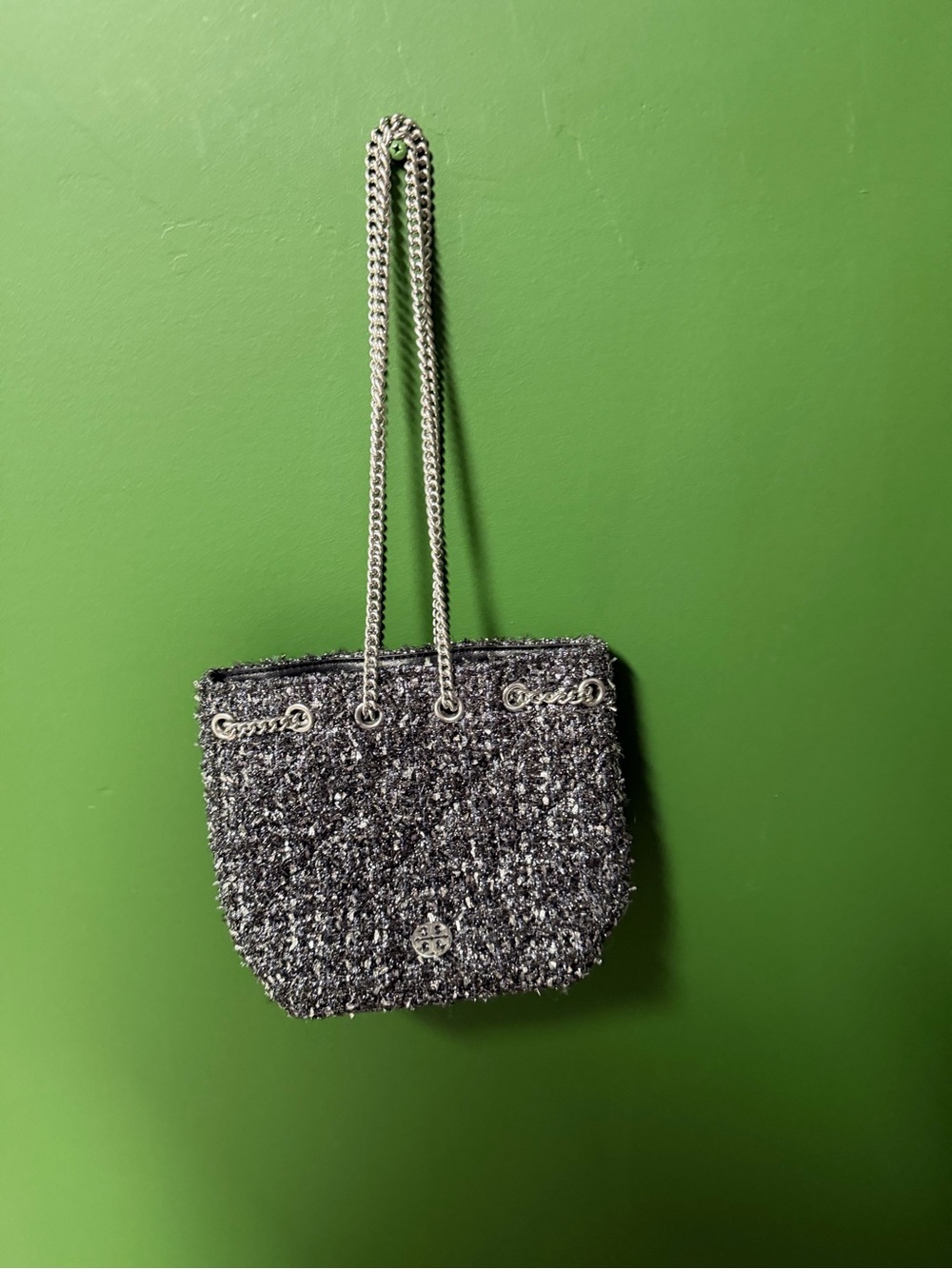 Tory Burch Tweed Chain-Handle Small Bucket Bag in Black and Silver